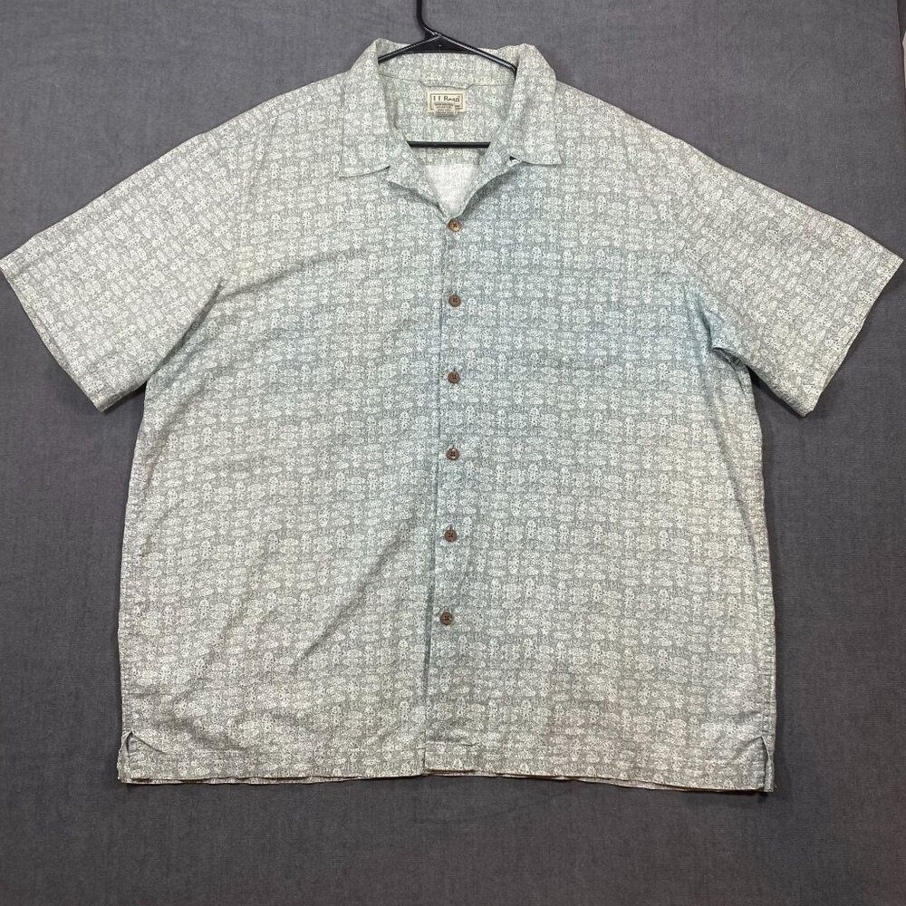 L.L. Bean Mens XL Short-Sleeve Button-Up Shirt Green Floral Print 100% Cotton
